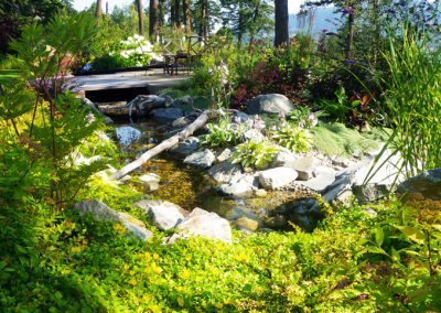 Narrow pond/stream area with bridge and patio directly behind.